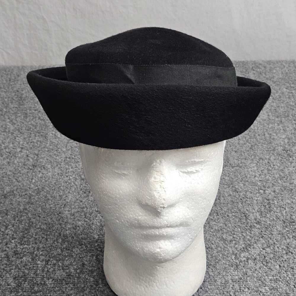 Vintage Glenover Taurina Felt Hat Womens L Black Wool Pillbox Bow 40s 50s